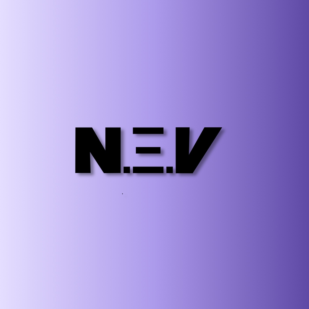 N.E.V logo in black letters on a purple gradient; the E consists of three bars