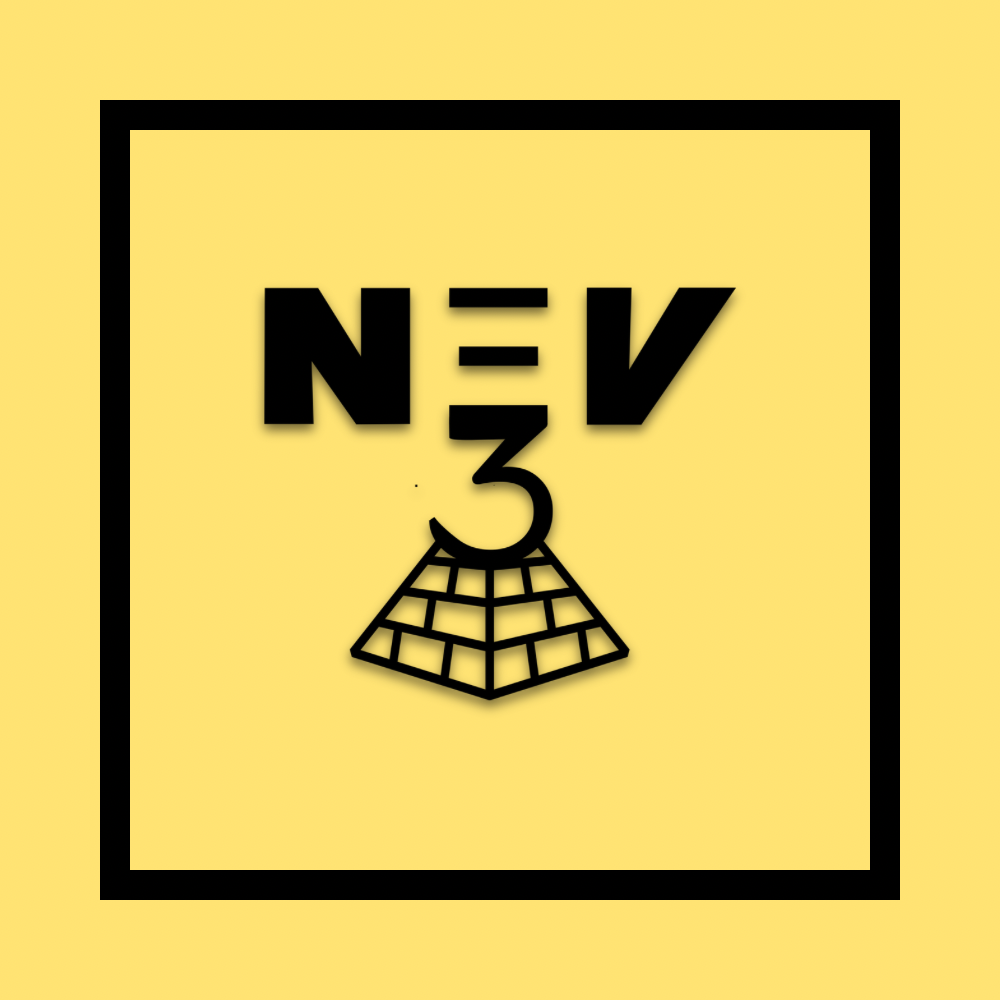 NEV logo with a 3 and a pyramid in a black frame on a yellow background